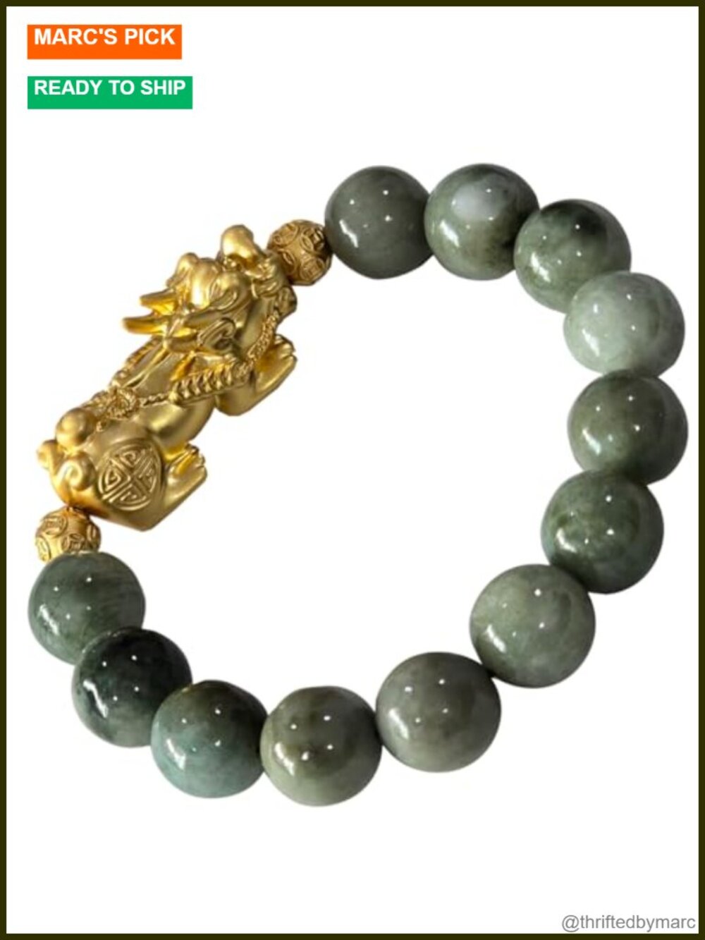 Natural Green Jade Bead Bracelet 13.8mm Gold-Tone Dragon Charm Stretch
